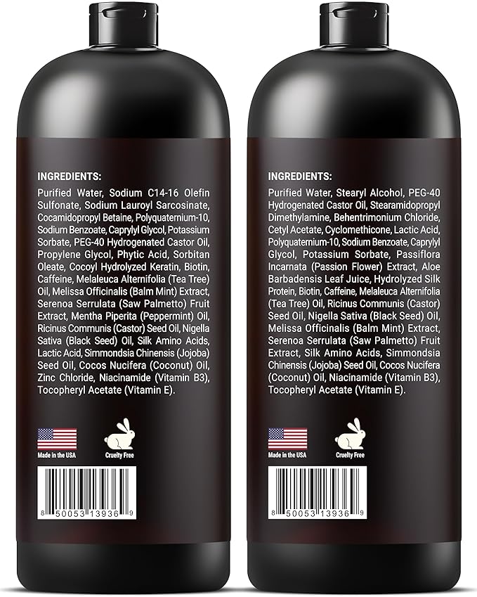 Castor Oil & Black Seed Biotin Shampoo and Conditioner Set - Sulfate Free Nourishing Formula for Thinning Hair & Dry Scalp - Deep Moisture for Men & Women - Made in USA - 16 fl oz Each