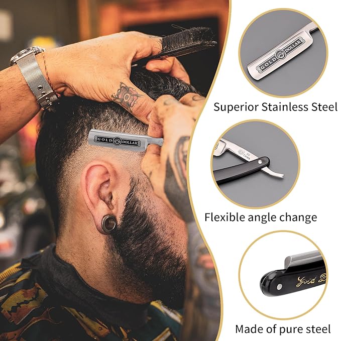 Straight Razor, Straight Edge Razor for Man Stainless Steel Manual Straight Razor, Natural Wood Scale Vintage Razor Barber Razor Men's Straight Shaving Razors (Gold Dollar-66)