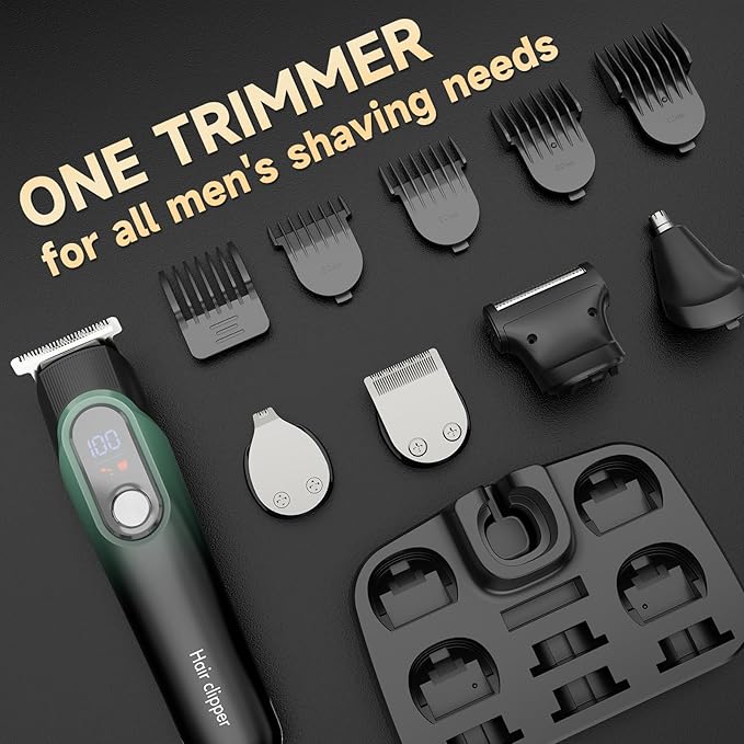 Beard Trimmer for Men: Professional Barber Hair Clippers, 5-in-1 Cordless Grooming Kit, Rechargeable Electric Razor & Shaver for Face, Mustache, Body, Ear, Nose Hair Trimmer with LED Display, Cyan