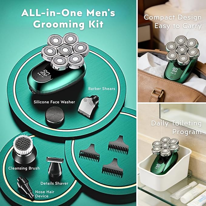 Head Shavers for Bald Men, 6-in-1 Detachable Electric Head Shaver Grooming Kit, 7D Floating Wet & Dry Rotary Shavers, Waterproof, LED Display, Cordless, USB Fast Charging for Hair/Face/Beard