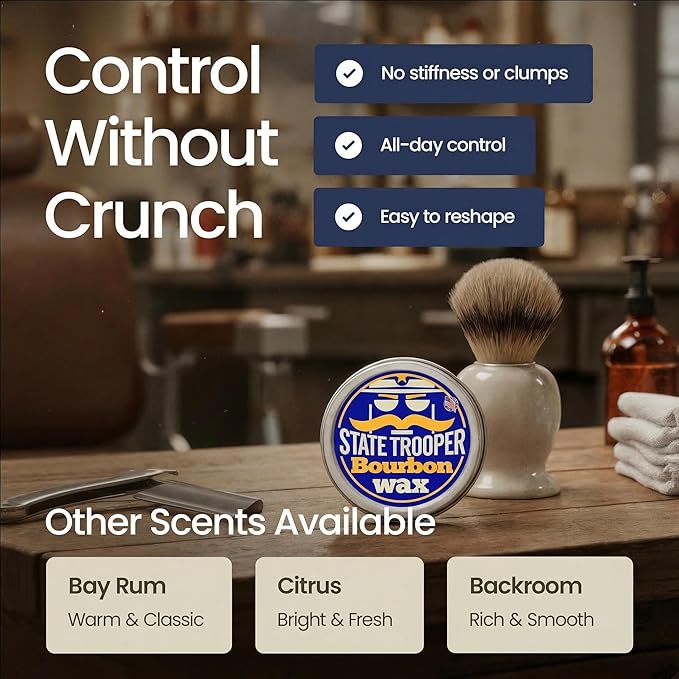 State Trooper Medium Hold Mustache Wax For Men with Natural Beeswax, Coconut Oil & Lanolin – Natural Moustache Grooming & Styling with Bourbon Scent - Nourishing Conditioner & Sculpting