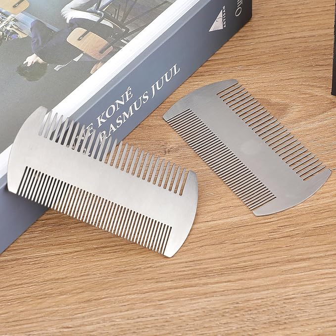 Metal Comb for Men, 2 Pack Stainless Steel Beard Comb Mini Portable Travel Combs Anti-Static Dual Action Fine & Wide Teeth Mustache Combs for Wallet Purse Pocket Car
