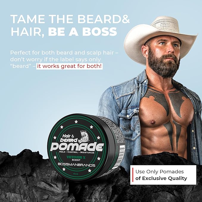 Bossman Natural Hair & Beard Pomade for Men (Vetiver X Scent) – Medium Hold & Moisturizing for Hair, Beard & Mustache Styling – Made in USA