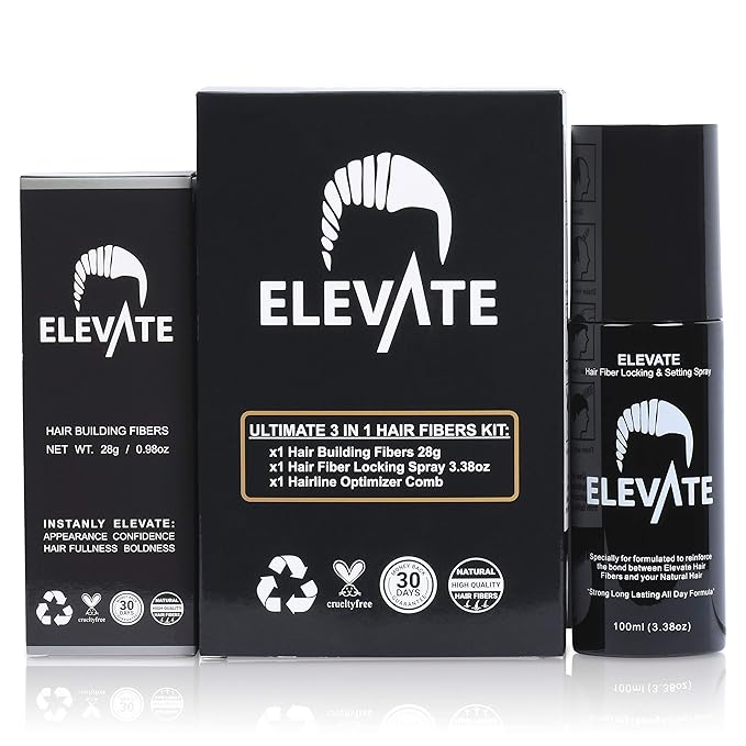 Elevate Hair Building Fibers 3-in-1 Kit for Thinning Hair (Black) Keratin Hair Thickening Powder with Fiber Lock Spray & Hairline Optimizer Comb - Instant Hair Concealer Waterproof for Men & Women