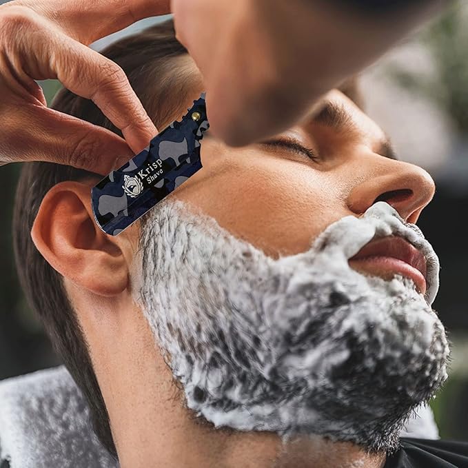 Straight Razor with 10 Shaving Blades Razors for Men - Professional Barber Straight Edge Razor for Close Shaving Cut Throat Shavette Men Beard Shave Manual Blade Holder By Krisp Beauty Blue Camo
