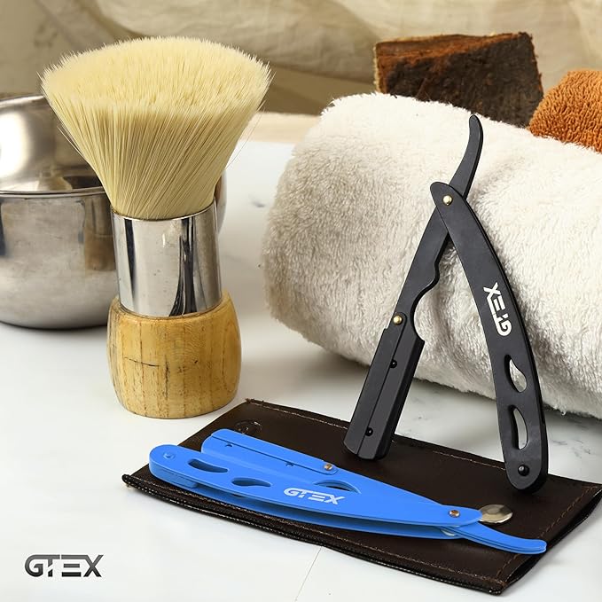 2 Straight Razor For Men (Blue Black), 100 GTEX Premium Blades (Japanese Steel) - 2Pack Straight Edge Razor 100 Platinum Razor Blade - Navajas Para Barbero - Barber Razor For Men, Beard Razor