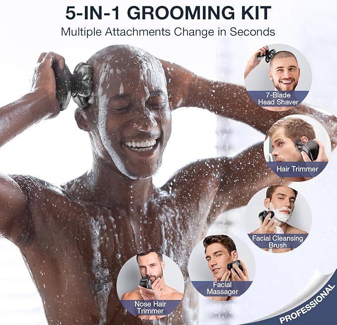 Head Shavers for Bald Men: 5-in-1 Electric Razor - Waterproof Wet Dry Shaving - Professional Grooming Kit for Balder - Rechargeable Head Shavers Valentine's Day Gifts (Light Black)