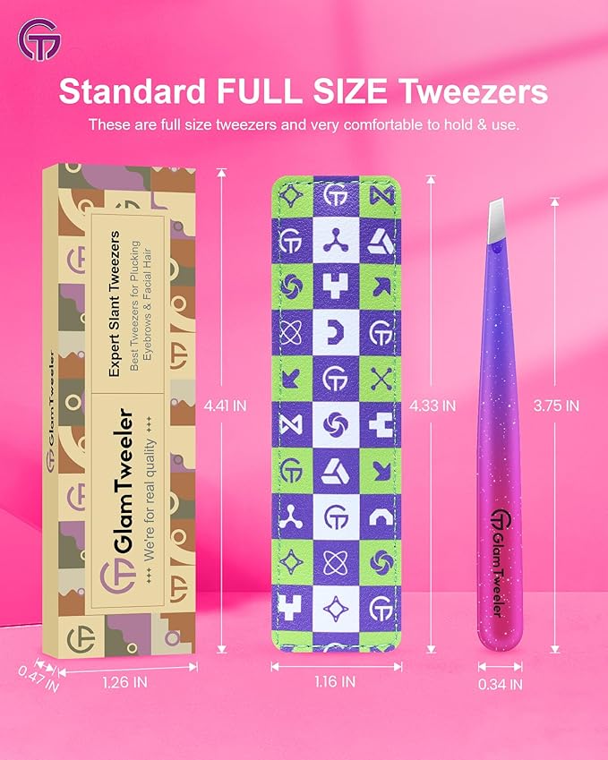 Expert Slant Tip Tweezers with Leather Travel Case, GlamTweeler Sharp & Precision Stainless Steel Tweezer for Eyebrows, Facial Hair and Fine Hairs Removal (Sparkle Deep Violet & Lavender)