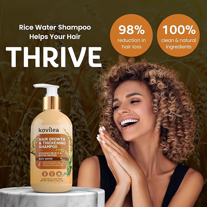 Rice Water Hair Growth Shampoo, Natural Rice Water Thickening & Regrowth Formula for Men & Women - Infused with Biotin, Castor Oil, Rosemary, For Weak, Brittle, Thinning Hair & All Hair Types 11.8 Oz