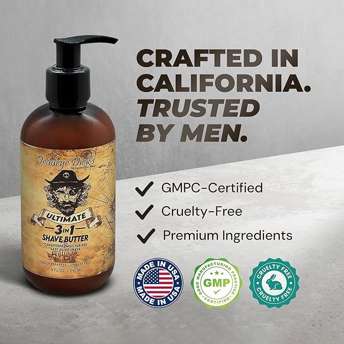 DeadeyeDick's 3-in-1 Shave Butter | Natural Shave Cream for Face, Head & Body | Gentle, Non-Irritating Formula for All Skin Types | 8 FL OZ