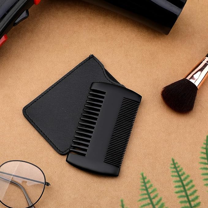Sandalwood Beard Comb Set with Faux Leather Case - Dual Action Teeth for Mustaches and Beards (Black, 3 Combs + 3 Cases)