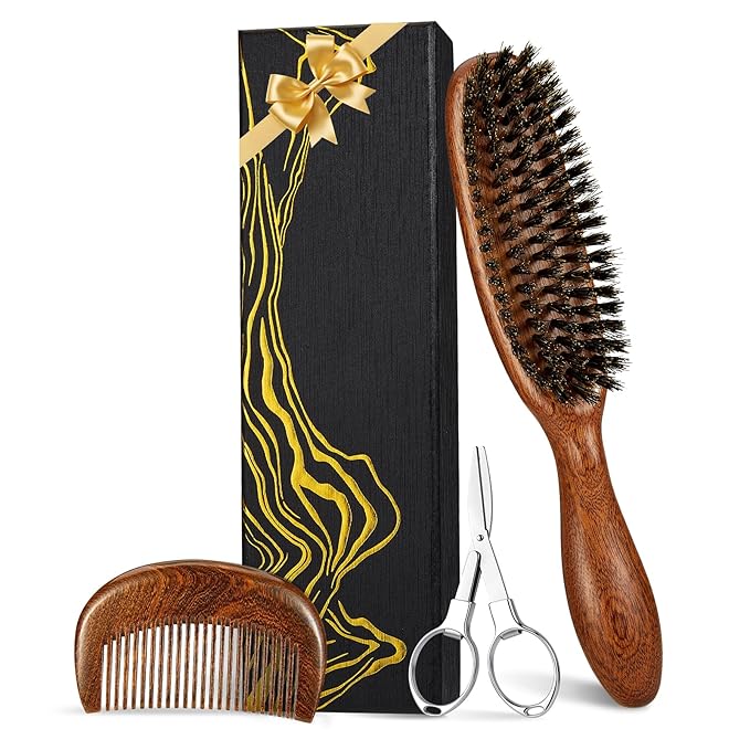 Hair and Beard Brush Kit for Men with Natural Boar Bristles and Sapele Wood Ergonomic Handle, Mustache Comb Grooming Gift for Thin Fine Hair