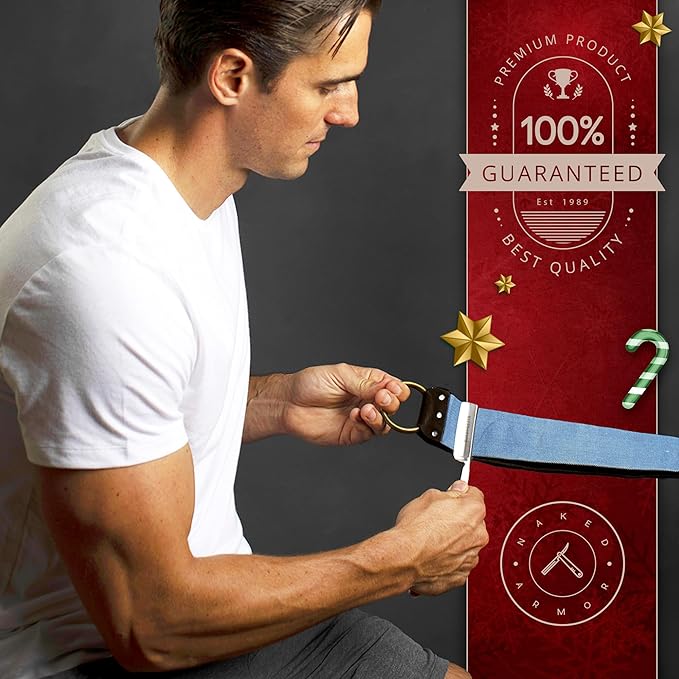 Naked Armor Straight Razor Leather Strop - 2.5" x 15" Cow Leather Razor Blade Sharpener with Brass Hooks, Black