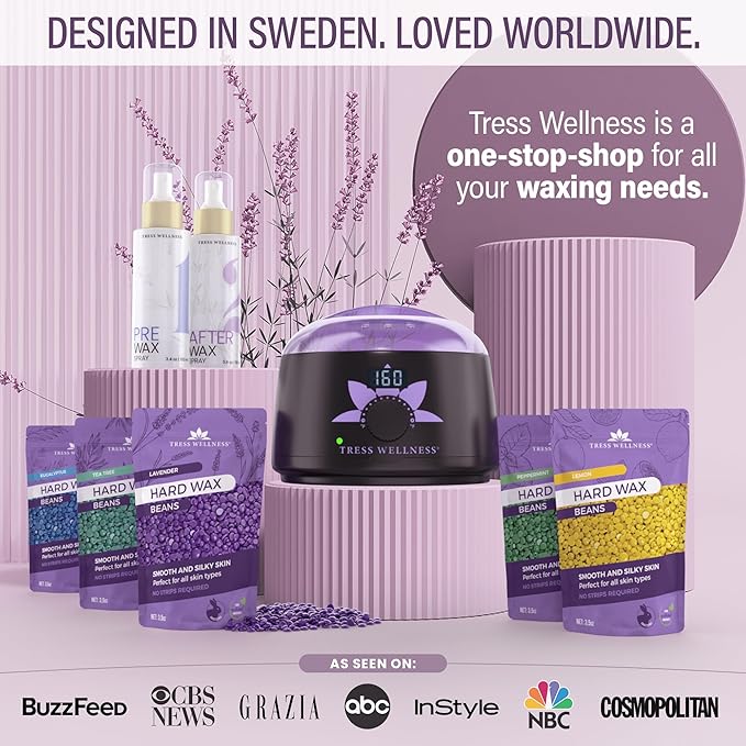 Tress Wellness Waxing Kit for Sensitive Skin – Safe for Face & Skin, Prep & Aftercare Spray, Easy to Use – At-Home Kit for Face, Bikini, Brazilian & Full Body - Digital Display, Misty Lilac