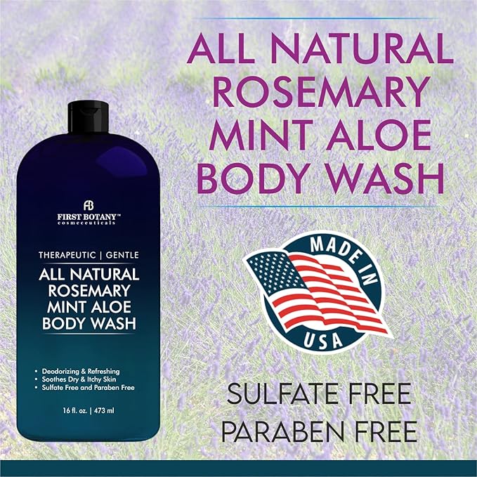 First Botany, ALL Natural Body Wash - Fights Body Odor, Athlete's Foot, Jock Itch, Nail Issues, Dandruff, Acne, Eczema, Shower Gel for Women & Men, Skin Cleanser -16 fl oz (Rosemary Mint)