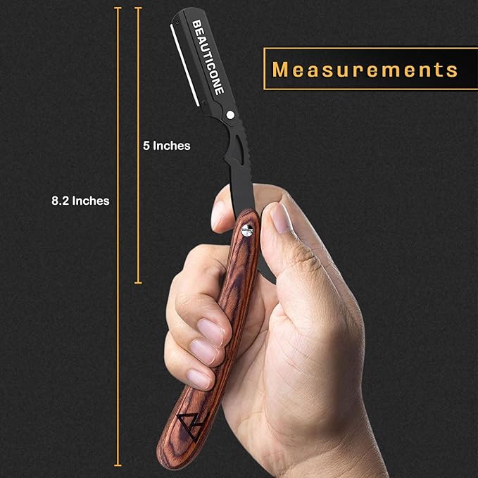 BEAUTICONE Straight Razors for Men, Straight Edge Razor, 100 Single Edge Blades, Stainless Steel, Barber Razor for Men's Shaving, Barber Shaving Knife, Wooden, Swinglock