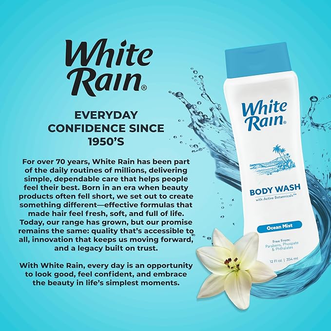 White Rain Ocean Mist Body Wash for Men & Women, Bulk Pack of 6 (12 fl oz Each) - Moisturizing Shower Gel Body Wash for Women & Men - Paraben-Free, Gentle Cleansing with Aloe & Vitamins for Soft Skin