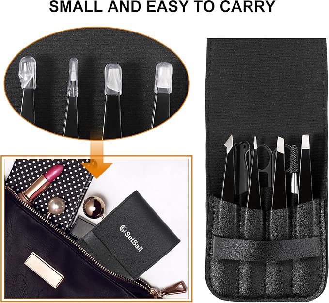 SetSail 4-Piece Tweezers Set, Eyebrow Tweezers Black Stainless Steel Slant, Slanted Pointed, Round Pointed & Flat Tip Tweezers for Precision Grooming for Women & Men