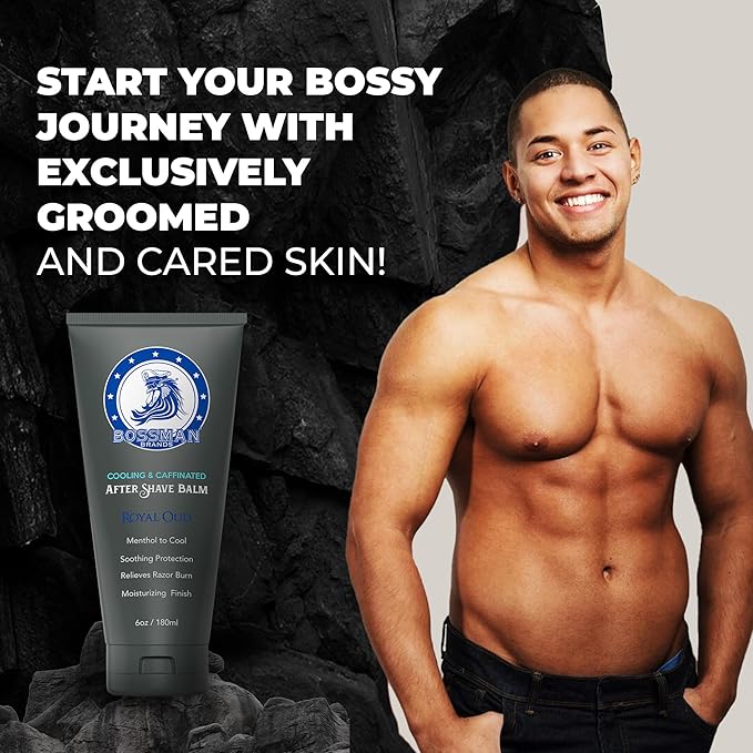 Bossman Cooling & Caffeinated After Shave Balm for Men – Soothes & Protects with Menthol, Caffeine & Tea Tree – Royal Oud Scent