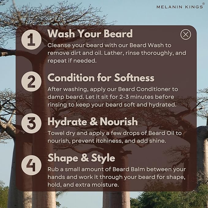 Melanin Kings Beard Wash & Conditioner Set for Black Men – Gently Cleanse, Hydrate & Soften Coarse, Dry and Curly Beards – African Oil Blend with Baobab, Marula, Argan & Jojoba
