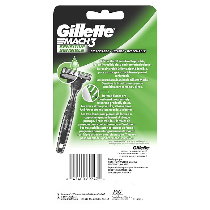 Gillette Mach3 Sensitive Razors for Men, Men’s Disposable Razors, Pivoting Head for Close and Comfortable Shave, 7 Count