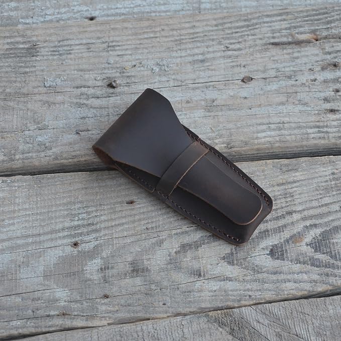 JJNUSA Old Fashioned Sleeve Travel Pouch Leather Safety Razor Case, Double Edge Razor 4.5", Shaving Accessories, Personal Care Essentials, Men's Shaving Razor (Dark Brown)
