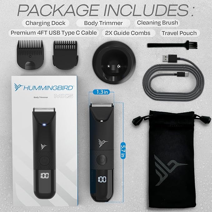HUMMINGBIRD MK5 Pubic Hair Trimmer for Men – Ceramic Blade, No Nick, No Cut, Ball Trimmer, Waterproof, USB-C Rechargeable, LED Display, Charging Dock & Travel Pouch, Body Trimmer & Ball Shaver