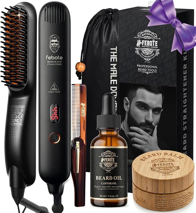 Heated Ionic Hair Straightening Brush for Men - 5 Temperature Settings, Anti-Scald, Beard Shaper & Travel Bag Orange