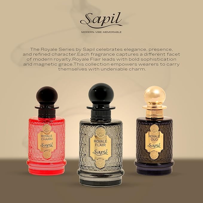 Sapil Royale Flair Eau de Parfum – Long Lasting Unisex Spicy Oud Perfume | Saffron, Amber & Oud Notes | Bold Luxurious Signature Fragrance | 3.4 oz / 100ml