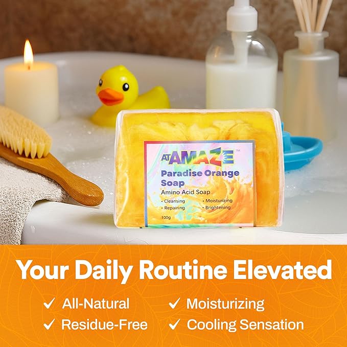 Paradise Amino Acid Organic Soap Bar, Moisturizing, Residue-Free Refreshing Cleanser, Cooling & Invigorating Bath Natural Soap for Women, Men & Kids with Plant-Based Oils, 100g Orange