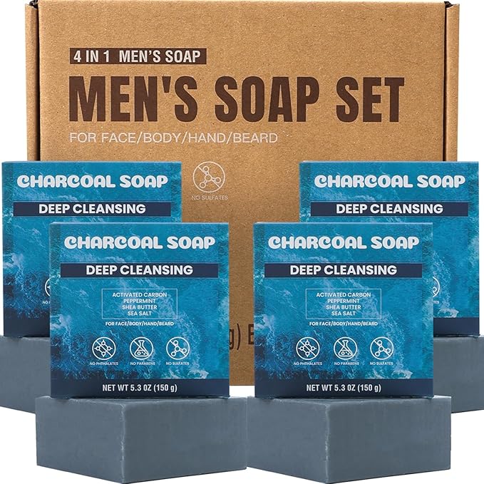 Rinse & Robust Mens Charcoal Soap Bar Set, 4Pcs Natural Handmade Bar Soap with Sea Salt, Peppermint, Shea Butter & Activated Carbon, Ocean Scent Deep Cleansing Soap | 5.3 oz of 4 Bars