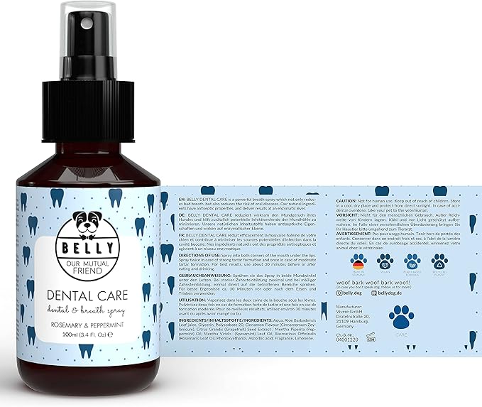 Belly Dog Breathe Freshener for Bad Breath - Fresh Mint - Eliminates Bad Breath, Plaque & Tartar Build-Up - No Rinse, No Brush - Dog Breath Spray with Aloe Vera and Grape Fruit - Made in Germany, 3oz