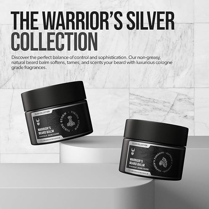 The Beard Struggle Warrior’s Beard Balm - Silver Collection, Viking Storm - Non-Greasy Low-Hold Formula, Luxurious Cologne-Grade Fragrances 100% Natural Ingredients - 50g / 1.76 US. oz.