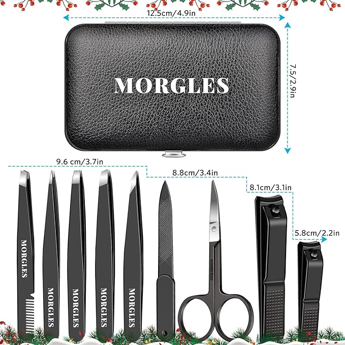 MORGLES Tweezers Set and Nail Clippers, 9 Pcs Stainless Steel Tweezers Kit for Men Professional Manicure Set for Men Grooming Kit With Leather Travel Case