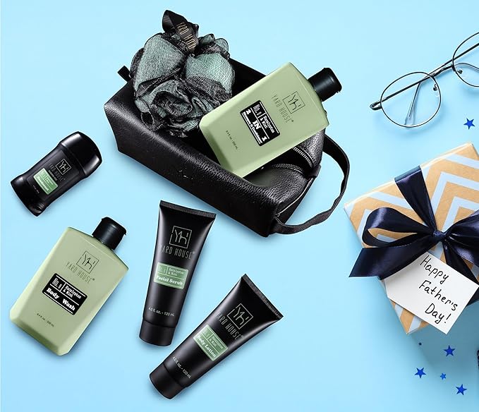 Mens Luxury Bath and Body Gift Set For Him - Skin Care Kit in Eucalyptus and Mint - Fathers Day Birthday Christmas Gifts Ideas For Men - 7Pcs Set w. Full Size Items in Leather Toiletry Bag