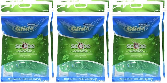 Oral-B Complete Glide Dental Floss Picks Plus Scope Outlast, Long Lasting Mint, 75 Dental Floss Picks, Pack of 6