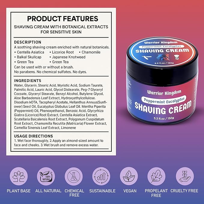 Warrior Kingdom Shaving Cream - Peppermint Eucalyptus. Refreshing Scent. Rich Creamy Lather for the Smoothest Shave. For face, head and body. Gentle, non irritating formula for all skin types.