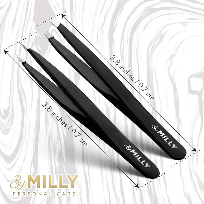 Precision Tweezers Set | Slanted & Pointed Tip Tweezers Kit | High Carbon Stainless Steel | Aligned & Hand-Filed Tweezer Set Professional | Hair Removal & Eyebrow Tweezer Set | Black