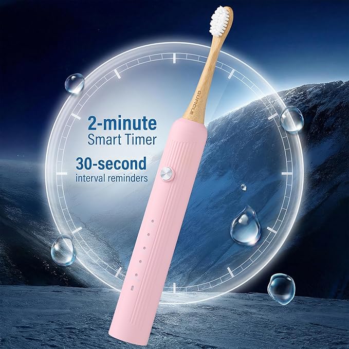Bamboo Electric Toothbrush for Adults,Sonic Electric Toothbrush with 4 Bamboo Heads, Soft Castor Oil Bristles, 5 Modes, Smart Timer, Sonic Technology, IPX7 Waterproof, 70-Day Battery Life-Pink