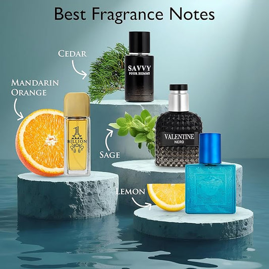 Signature Scent 4-Piece Mini Fragrance Set for Men Includes Savvy/1 Billion/Verse/Valentine Collection of Woody, Spicy, Citrus & Aromatic Fragrance Non-Irritating Ingredient Each One in 30ml Bottle
