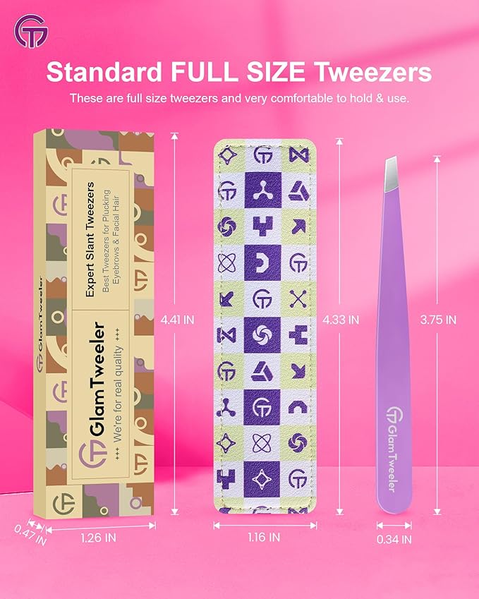 Expert Slant Tip Tweezers with Leather Case, GlamTweeler Sharp & Precision Stainless Steel Tweezer for Eyebrows, Facial Hair and Fine Hairs Removal (Violet)