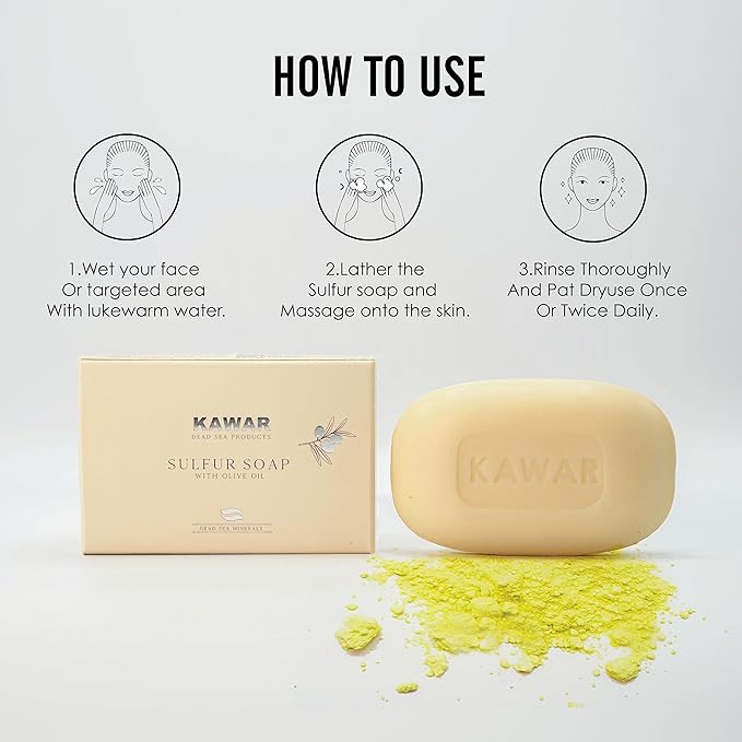 KAWAR Dead Sea Sulfur Soap with Olive Oil, Relief Skin Conditions Such as Acne, Psoriasis, Eczema & Blackheads, for Oily to Normal Skin, Vegan Soap Bar for Men & Women, 4.2 oz (Pack of 2)