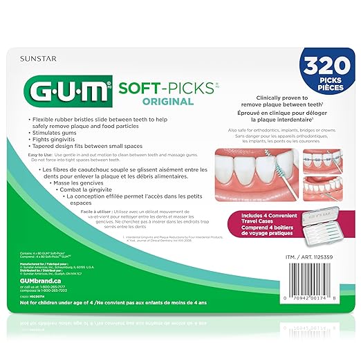 GUM Soft-Picks Original, Easy to Use Dental Picks for Teeth Cleaning and Gum Health, Disposable Interdental Brushes with Convenient Carry Case, Dentist Recommended Dental Picks, 320 Count