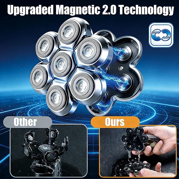7 Head Magnetic Shaver Head Replacement for Freebird/SHPAVVER/Wyklaus/Cyruzi Head Shaver Bald Men - Universal Fit for Most Brand Shavers, Head & Face Grooming (Silver/2Pack)