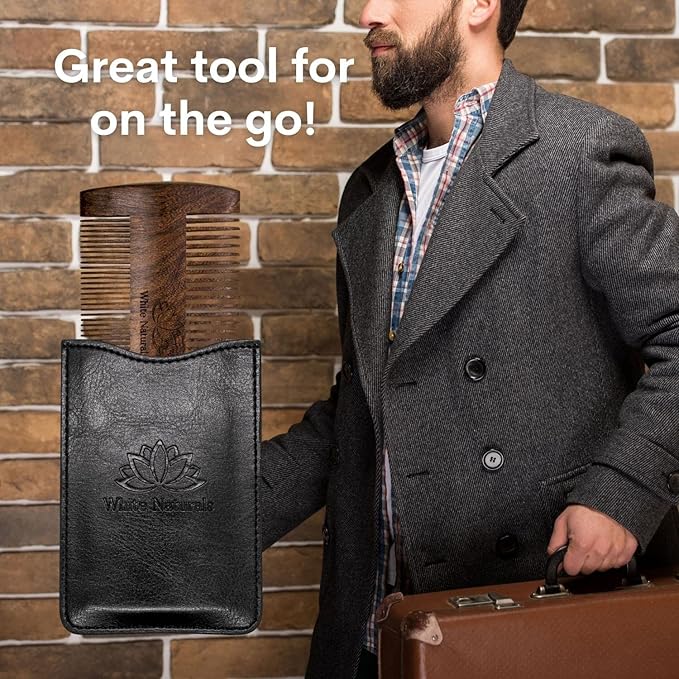 White Naturals Beard Comb for Men, Wooden Natural Sandalwood, Fine Dual Action Teeth, Handmade Premium Sandal Wood, Perfect for Balms and Oils, Includes PU Leather Case, Pocket Size