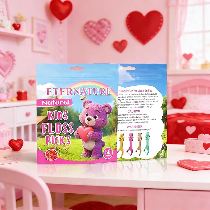 Kids Flossers 100ct, Dental Kids Floss Picks, Biodegradable Heart Bear Flossers, Fluoride & PFA Free, Gifts for Toddlers Teeth, Flossing Sticks for Kids, No Shred Thread, Strawberry Flavored