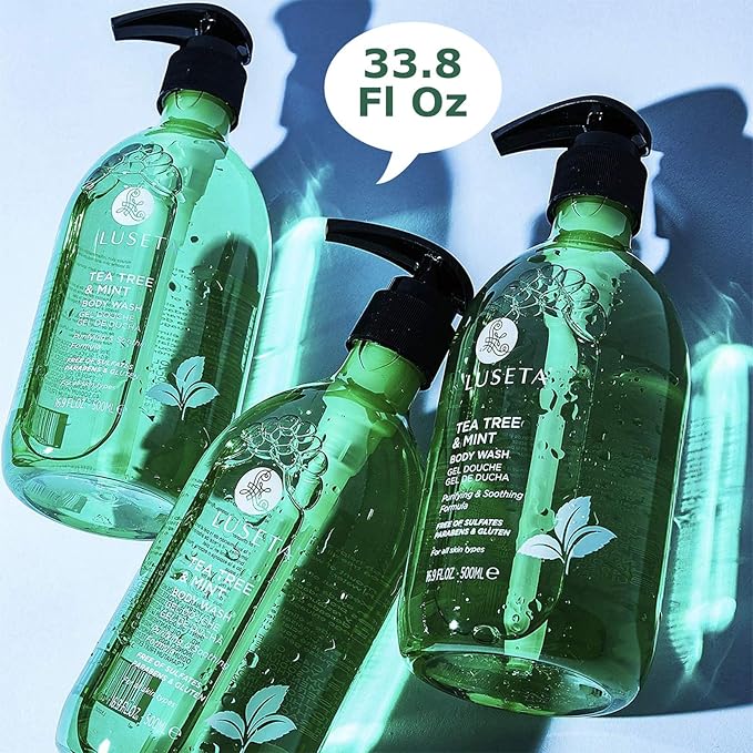 Luseta Tea Tree Oil Body Wash with Mint 33.8oz, Best Body Wash for Sensitive Skin, Sulfate free, Helps Body Odor, Athlete's Foot, Jock Itch, Ringworm, Skin Irritations, Shower Gel for Women