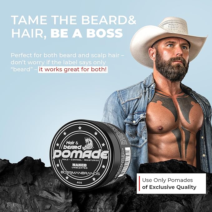 Bossman Hair & Beard Pomade for Men (Naked - Unscented) – Medium Hold & Moisturizing for Hair, Beard & Mustache Styling – Made in USA