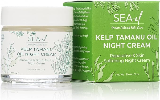Sea-El Kelp Tamanu Oil Night Cream Hydrating Face Moisturizer Reparative Skin Softening Skincare - Nighttime Anti Aging Facial Lotion for Women & Men - 1 Oz