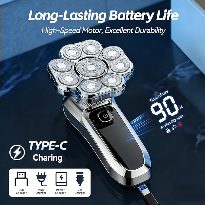 9D Head Shaver for Bald Men, 6-in-1 Electric Razor with LED Display, Waterproof Wet & Dry, Type-C Fast Charging Cordless Bald Head Shaver (Gunmetal, 9D)